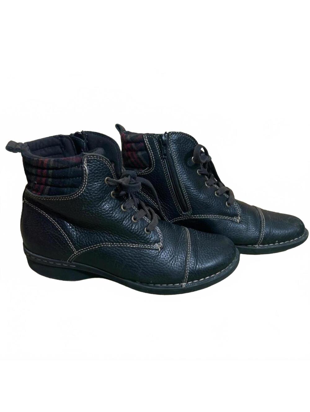 Clarks Whistle Bea Black Leather Quilted Plaid Ankle Boots Women Sz 7.5 M EU 38
